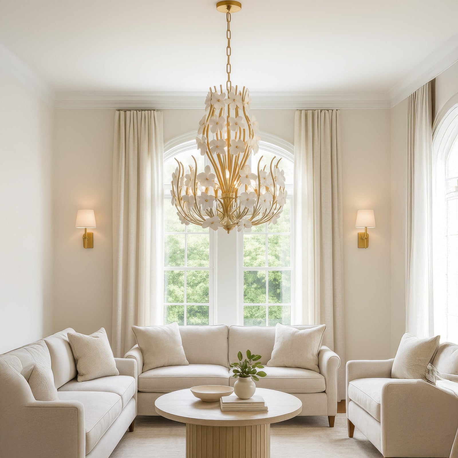 Varaluz Petal Court 9 Light Chandelier, French Gold/Clear and White