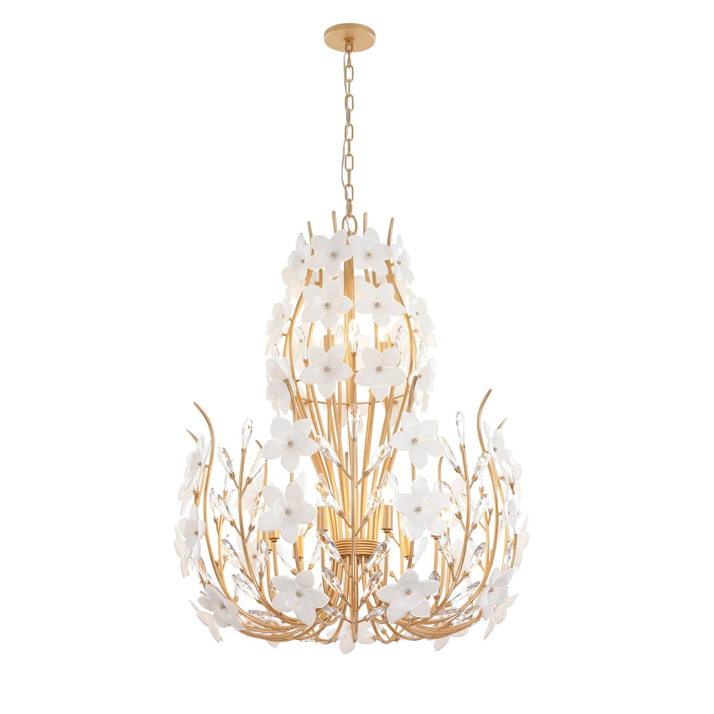 Varaluz Petal Court 12 Light Chandelier, French Gold/Clear and White