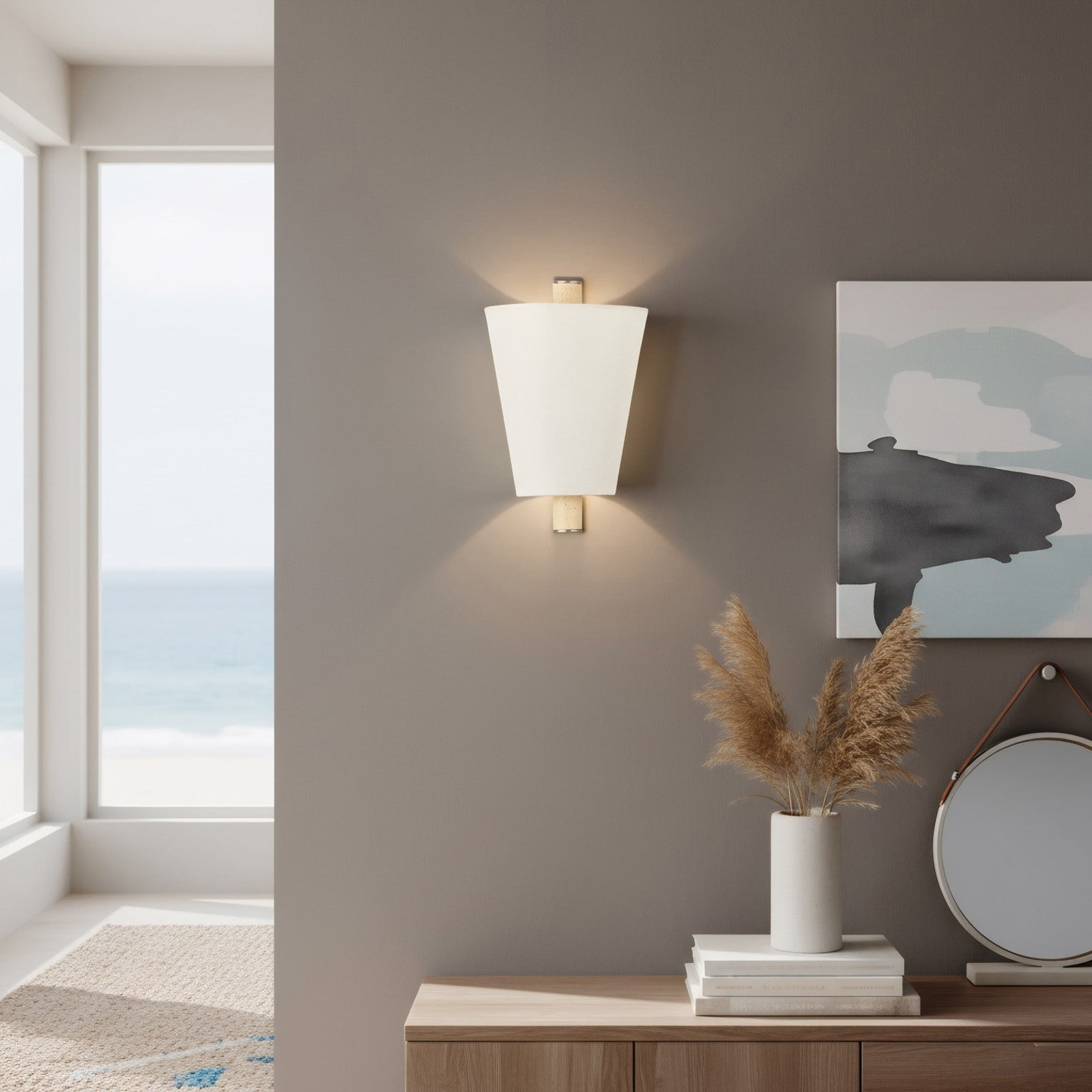 Varaluz Rockford 1 Light Wall Sconce, Brontourage/Travertine/Bone