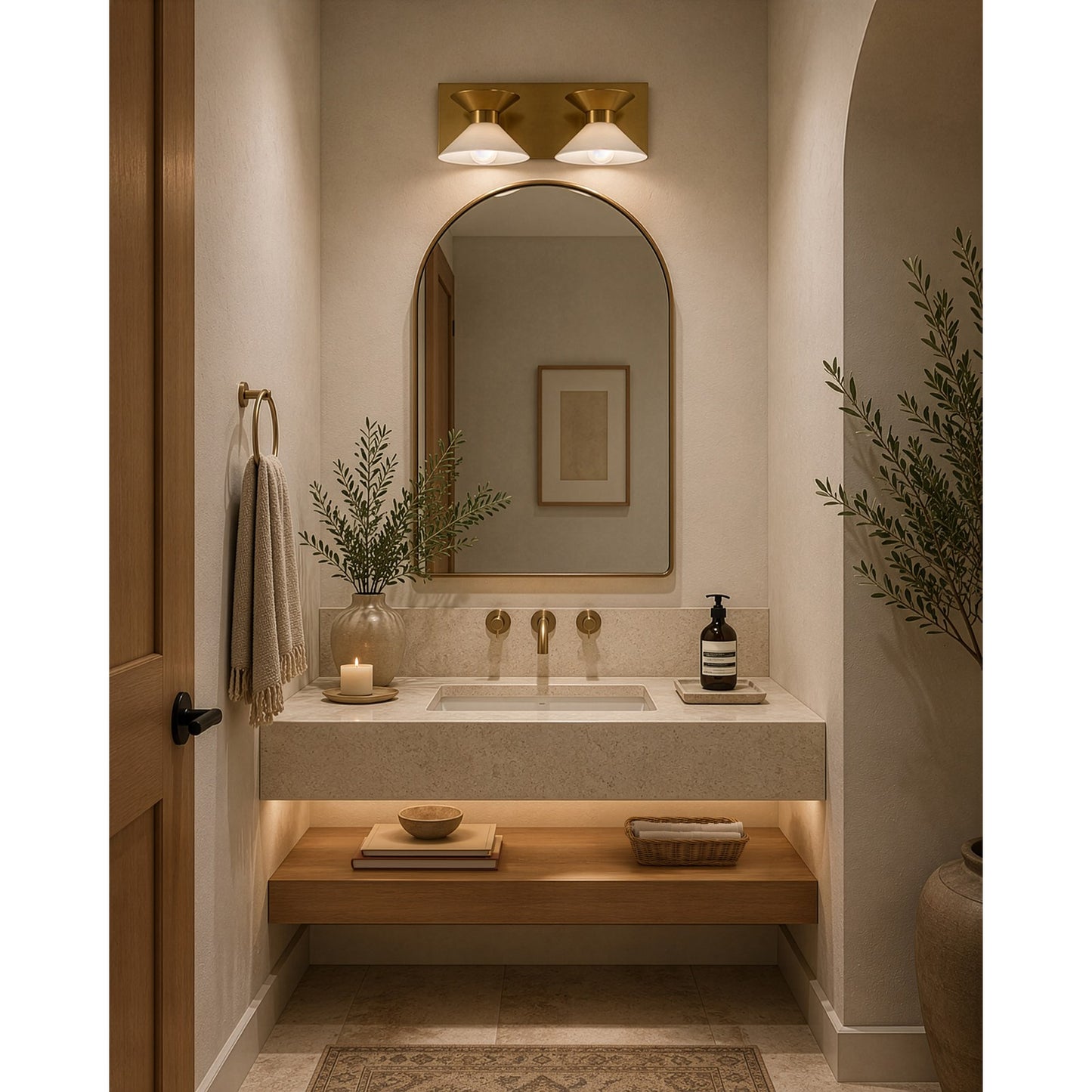 Varaluz Ringsted 2 Light Bath Vanity, Brushed Brass/White
