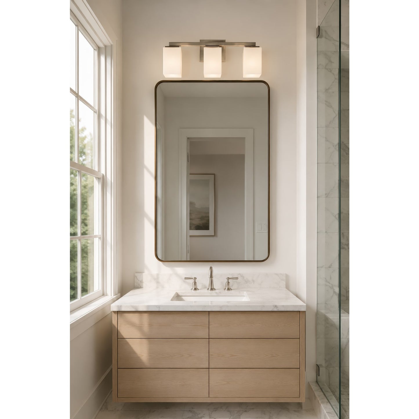 Varaluz Capri 3 Light Bath Vanity, Brushed Nickel/White
