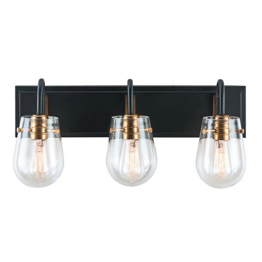 Varaluz Bromyard 3Lt Bath Vanity, Matte Black, Aged Brass/Clear