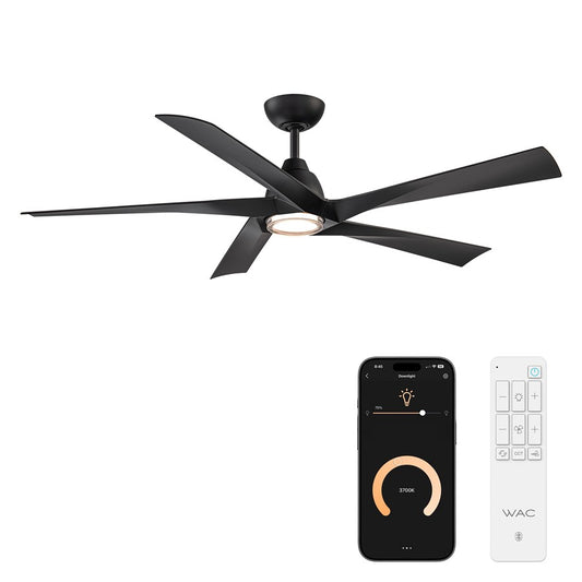 WAC Zeke 5 Blade 60" LED Smart Ceiling Fan, Matte Black/Black - F-111L-MB