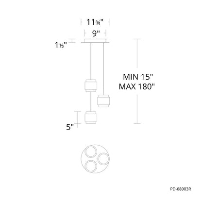 dweLED Banded 3 Light Round Multi-Light Pendant, Black/Frosted