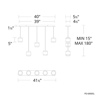 dweLED Banded 5Lt Linear Multi-Light Pendant, Brass/Frosted