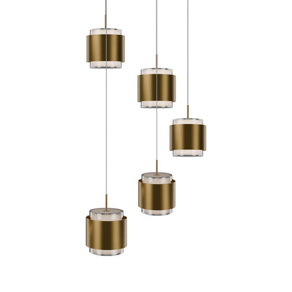 dweLED Banded 5Lt Round Multi-Light Pendant, Brass/Frosted - PD-68905R-AB