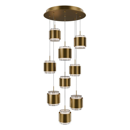 dweLED Banded 9 Light Multi-Light Pendant, Aged Brass/Frosted - PD-68909R-AB