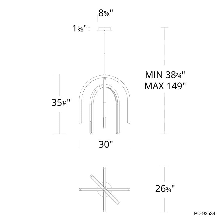 dweLED Helmet 3 Light 30" Pendant/3000K, Aged Brass/White