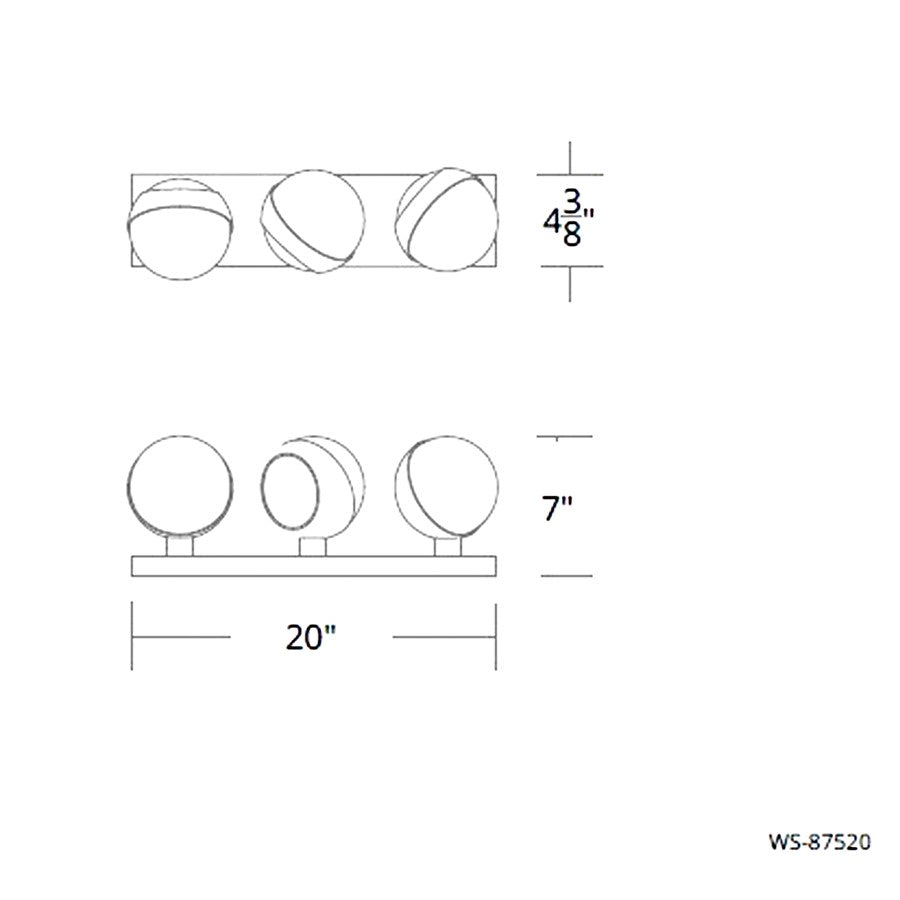 dweLED Tripoli 3Lt 20" Bath Vanity/Wall Light/3500K, Black/Opal