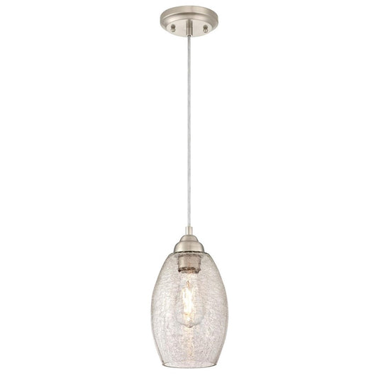 Westinghouse Carsley 11in 1-Light Mini Pendant | Contemporary Brushed Nickel and Clear Crackle Glass | Kitchen Island & Dining Room | Model 6105700