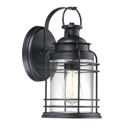 Westinghouse Kellen 14in 1-Light Outdoor Sconce | Textured Black and Clear Seeded Glass | Covered Porch & Entryway | 8 x 7 x 14 in | Model 6112500