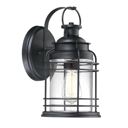 Westinghouse Kellen 14in 1-Light Outdoor Sconce | Textured Black and Clear Seeded Glass | Covered Porch & Entryway | 8 x 7 x 14 in | Model 6112500