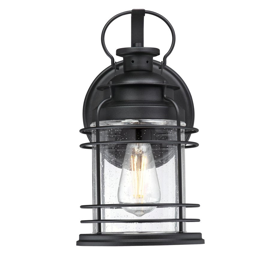 Westinghouse Kellen 14in 1-Light Outdoor Sconce | Textured Black and Clear Seeded Glass | Covered Porch & Entryway | 8 x 7 x 14 in | Model 6112500