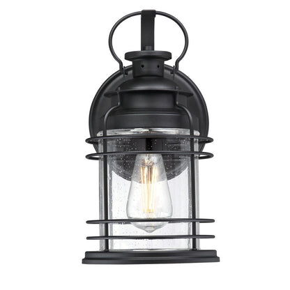 Westinghouse Kellen 14in 1-Light Outdoor Sconce | Textured Black and Clear Seeded Glass | Covered Porch & Entryway | 8 x 7 x 14 in | Model 6112500