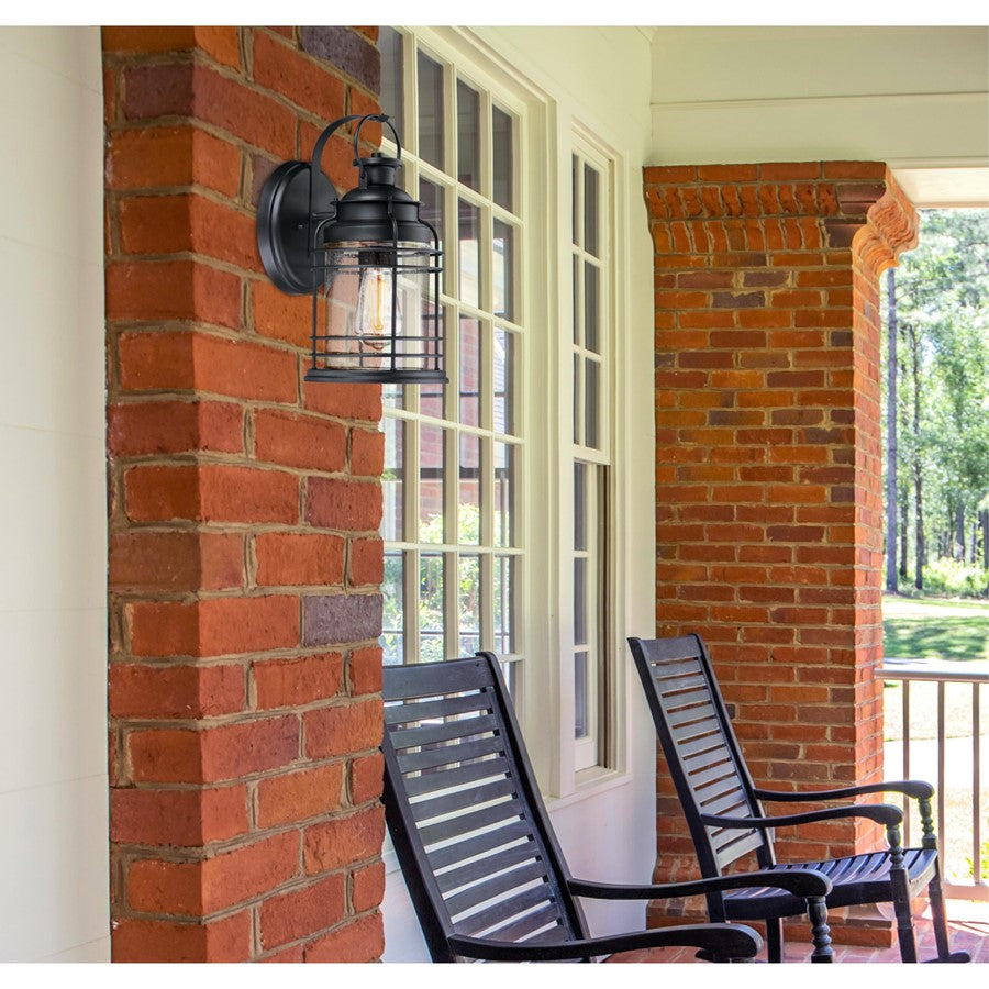 Westinghouse Kellen 14in 1-Light Outdoor Sconce | Textured Black and Clear Seeded Glass | Covered Porch & Entryway | 8 x 7 x 14 in | Model 6112500