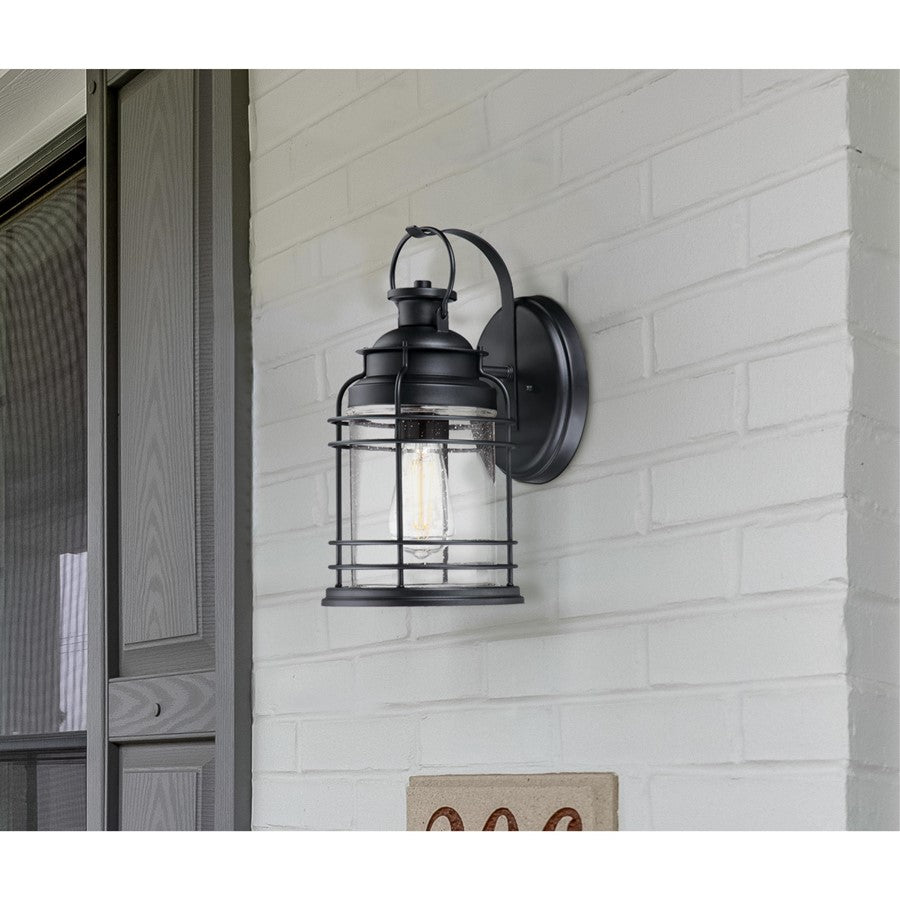 Westinghouse Kellen 14in 1-Light Outdoor Sconce | Textured Black and Clear Seeded Glass | Covered Porch & Entryway | 8 x 7 x 14 in | Model 6112500
