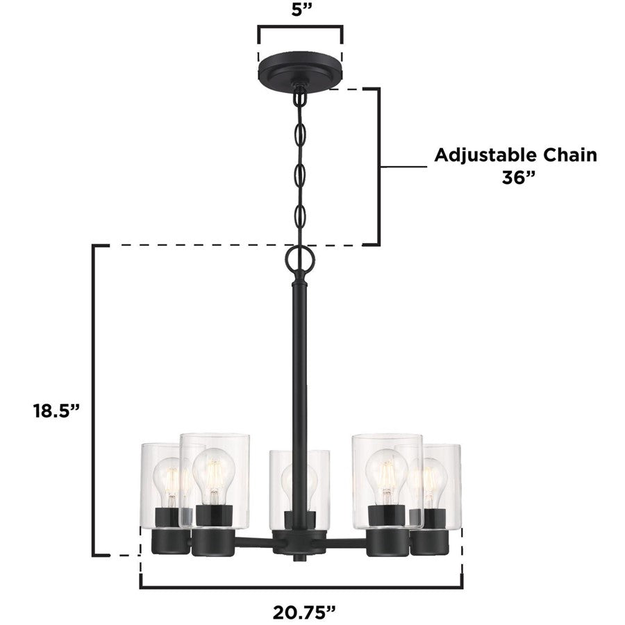 Westinghouse Sylvestre 21in 5-Light Chandelier | Matte Black and Clear Glass | Dining Room & Living Room | 20 x 20 x 18 in | Model 6115300