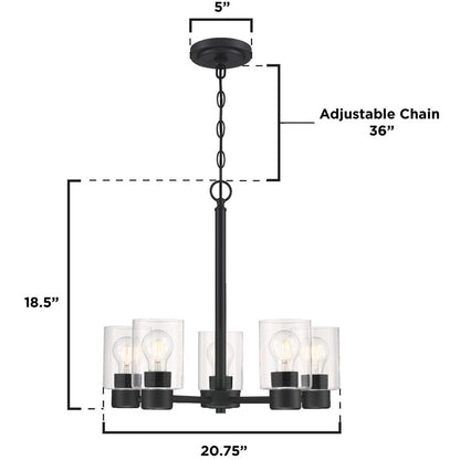Westinghouse Sylvestre 21in 5-Light Chandelier | Matte Black and Clear Glass | Dining Room & Living Room | 20 x 20 x 18 in | Model 6115300