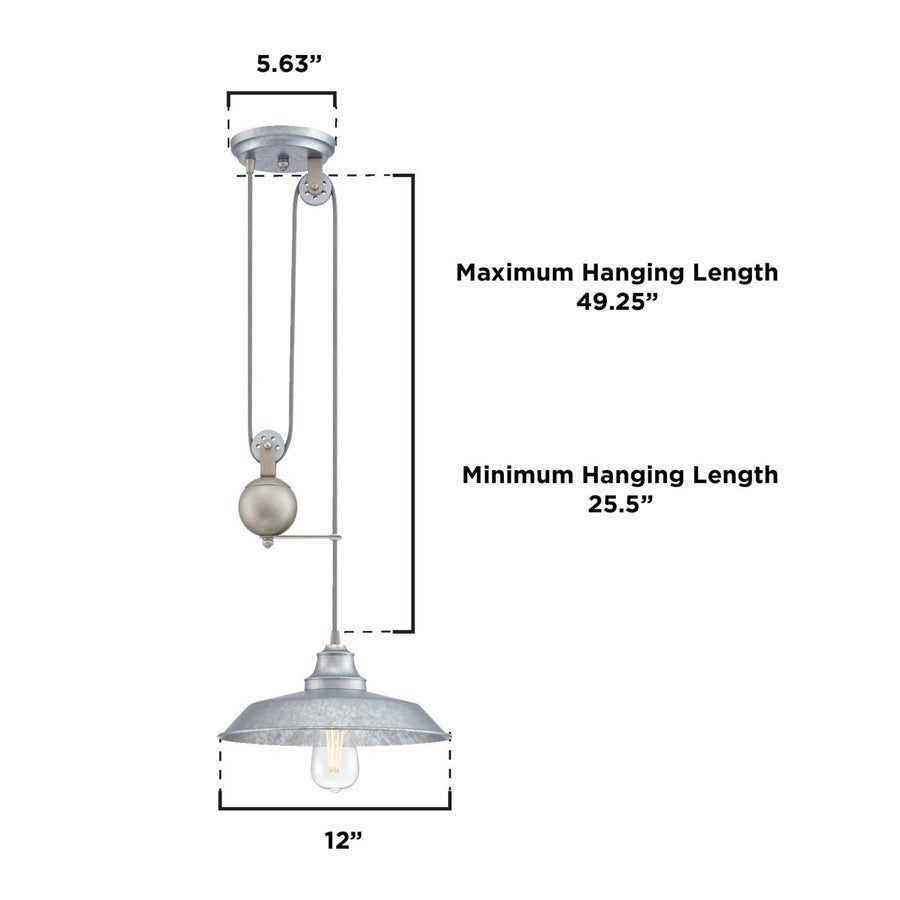Westinghouse Iron Hill 12in 1-Light Pendant | Vintage Galvanized Steel and Metal Shade | Kitchen Island & Dining Room | Model 6117000