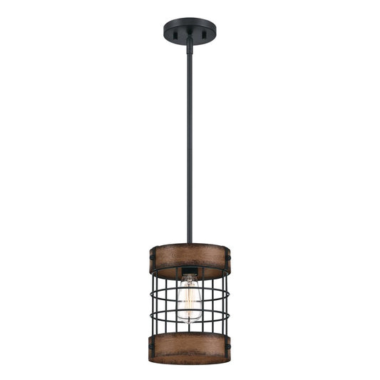 Westinghouse Langston 8in 1-Light Pendant | Vintage Matte Black and Barnwood Cage Shade | Kitchen Island & Dining Room | Model 6117900