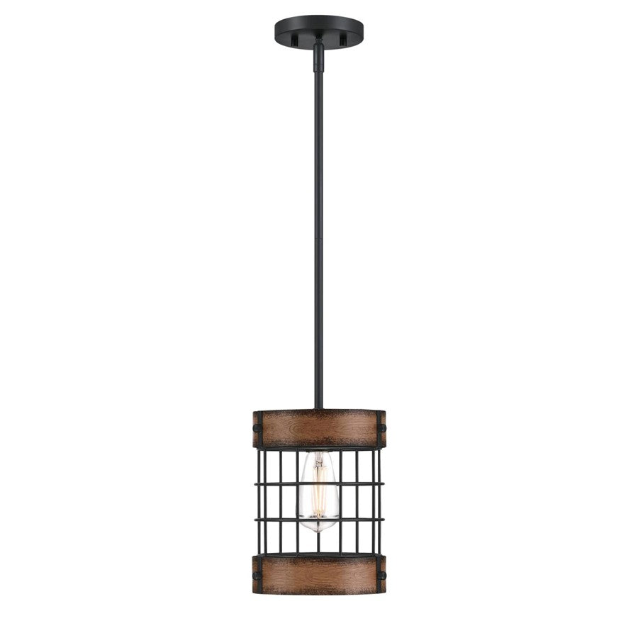 Westinghouse Langston 8in 1-Light Pendant | Vintage Matte Black and Barnwood Cage Shade | Kitchen Island & Dining Room | Model 6117900