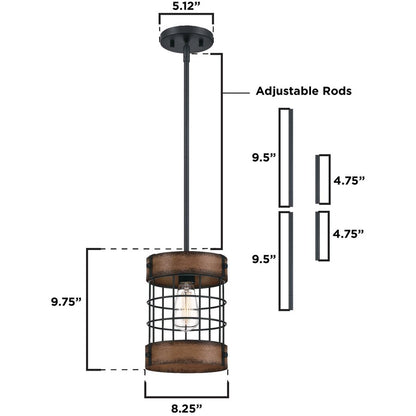 Westinghouse Langston 8in 1-Light Pendant | Vintage Matte Black and Barnwood Cage Shade | Kitchen Island & Dining Room | Model 6117900