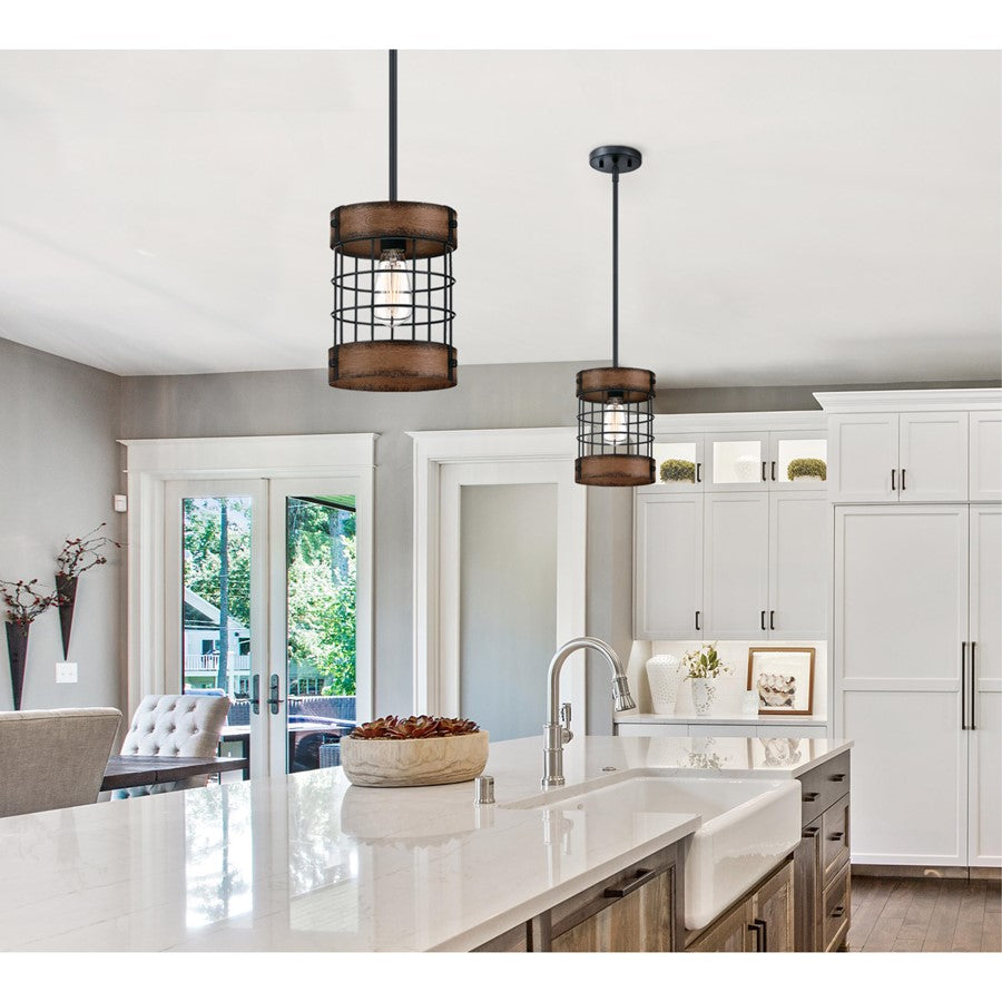 Westinghouse Langston 8in 1-Light Pendant | Vintage Matte Black and Barnwood Cage Shade | Kitchen Island & Dining Room | Model 6117900