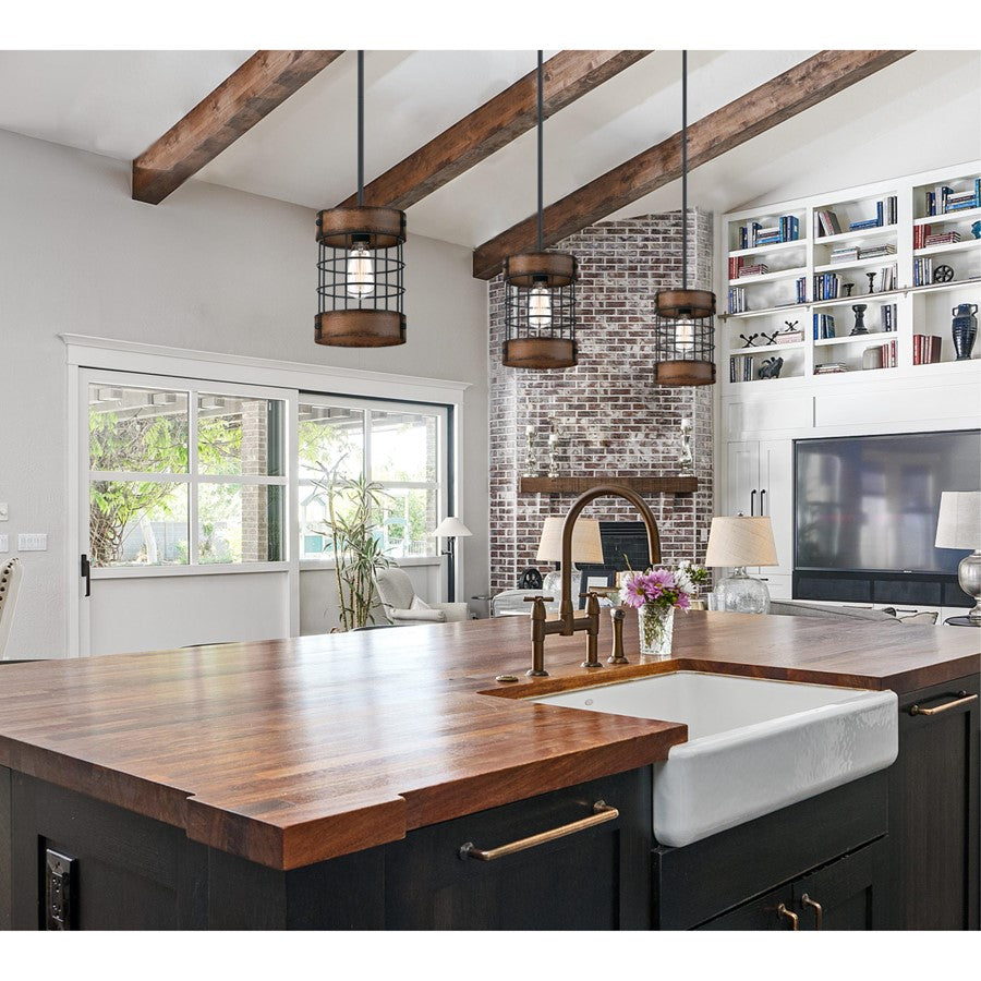 Westinghouse Langston 8in 1-Light Pendant | Vintage Matte Black and Barnwood Cage Shade | Kitchen Island & Dining Room | Model 6117900