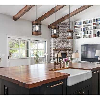 Westinghouse Langston 8in 1-Light Pendant | Vintage Matte Black and Barnwood Cage Shade | Kitchen Island & Dining Room | Model 6117900