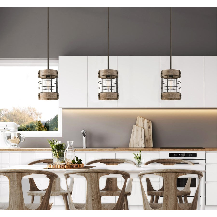Westinghouse Langston 8in 1-Light Pendant | Vintage Oil-Rubbed Bronze and Vintage Pine Cage Shade | Kitchen Island & Dining Room | Model 6118000