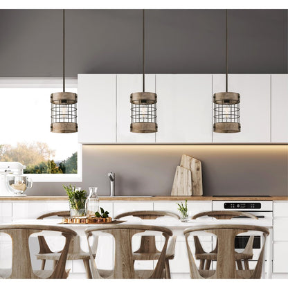 Westinghouse Langston 8in 1-Light Pendant | Vintage Oil-Rubbed Bronze and Vintage Pine Cage Shade | Kitchen Island & Dining Room | Model 6118000