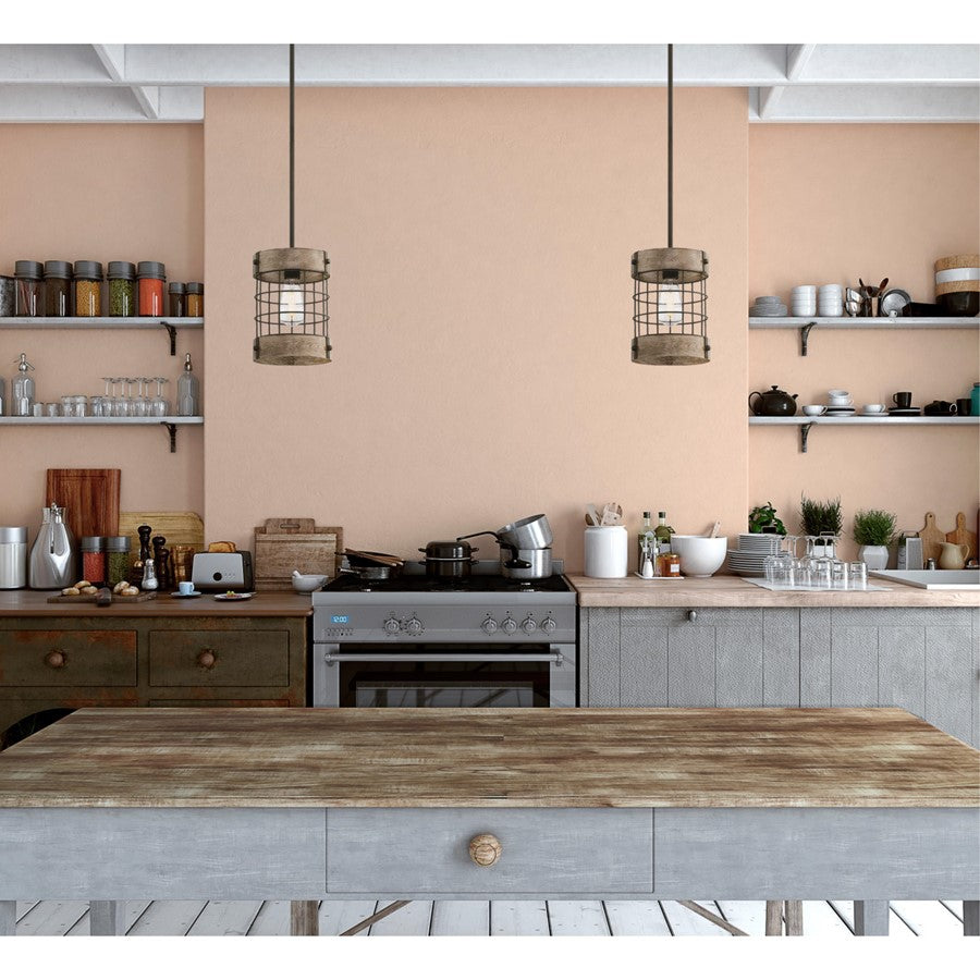 Westinghouse Langston 8in 1-Light Pendant | Vintage Oil-Rubbed Bronze and Vintage Pine Cage Shade | Kitchen Island & Dining Room | Model 6118000