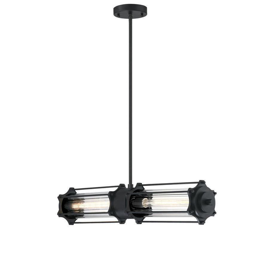Westinghouse Marlowe 31in 2-Light Pendant | Vintage Matte Black and Clear Ribbed Glass | Kitchen Island & Dining Room | 800 Lumens | Model 6118400
