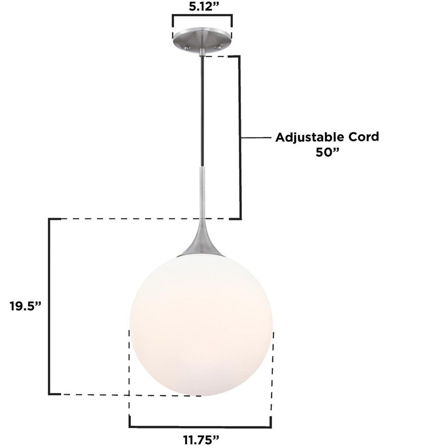 Westinghouse Moretti 19in 1-Light LED Pendant | Contemporary Brushed Nickel and Opal Frosted Glass | Kitchen Island & Breakfast Bar | Model 6119500