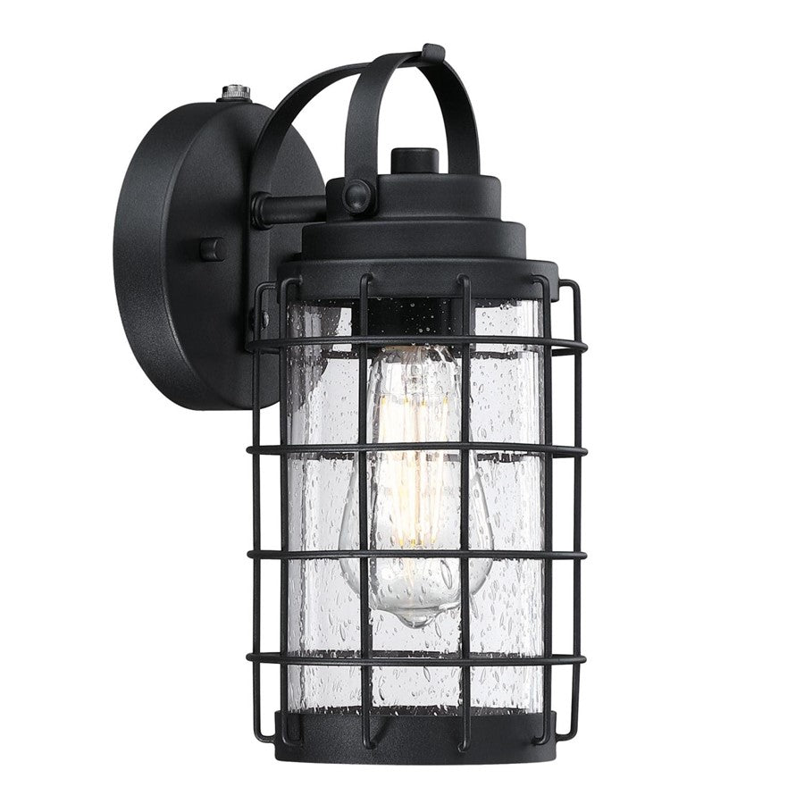 Westinghouse Jupiter Point 11in 1-Light Outdoor Wall Sconce | Vintage Textured Black and Clear Seeded Glass with Dusk-to-Dawn | Model 6122300