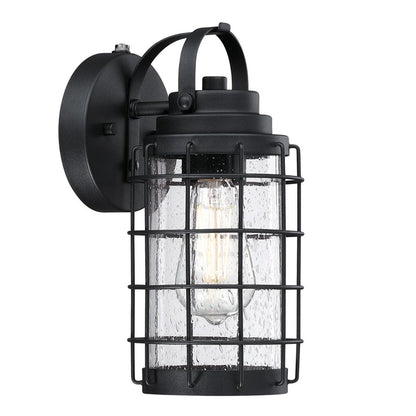 Westinghouse Jupiter Point 11in 1-Light Outdoor Wall Sconce | Vintage Textured Black and Clear Seeded Glass with Dusk-to-Dawn | Model 6122300