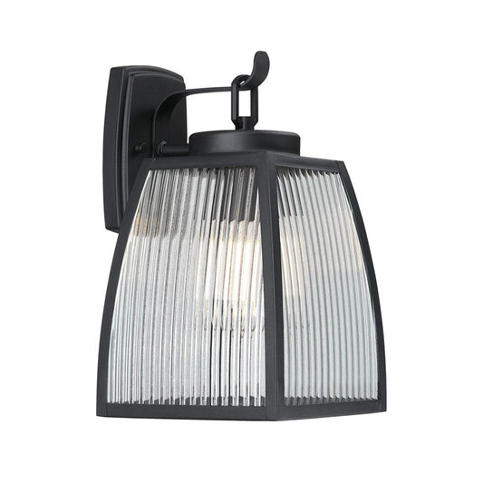 Westinghouse Niko 8in 1-Light Outdoor Sconce | Industrial Textured Black and Clear Ribbed Glass | Entryway & Porch | 8 x 9 x 13 in | Model 6122400