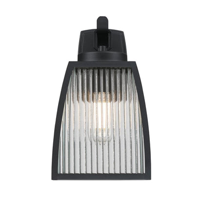 Westinghouse Niko 8in 1-Light Outdoor Sconce | Industrial Textured Black and Clear Ribbed Glass | Entryway & Porch | 8 x 9 x 13 in | Model 6122400