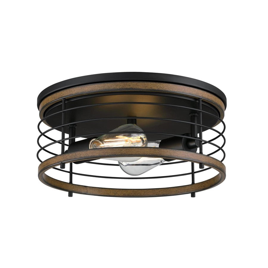 Westinghouse Ackton 13in 2-Light Flush Mount | Vintage Matte Black and Barnwood Cage Shade | Hallway & Bedroom | 13 x 13 x 5.75 in | Model 6125000