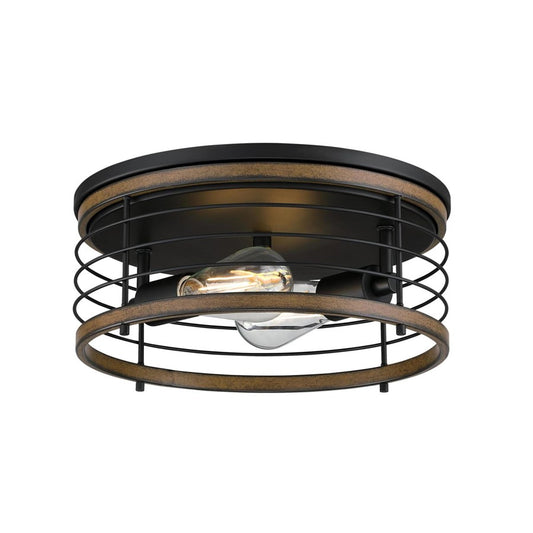 Westinghouse Ackton 13in 2-Light Flush Mount | Vintage Matte Black and Barnwood Cage Shade | Hallway & Bedroom | 13 x 13 x 5.75 in | Model 6125000
