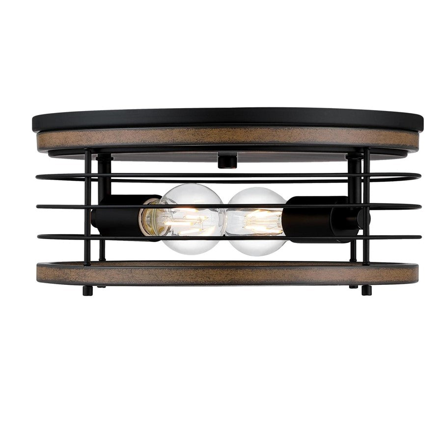 Westinghouse Ackton 13in 2-Light Flush Mount | Vintage Matte Black and Barnwood Cage Shade | Hallway & Bedroom | 13 x 13 x 5.75 in | Model 6125000