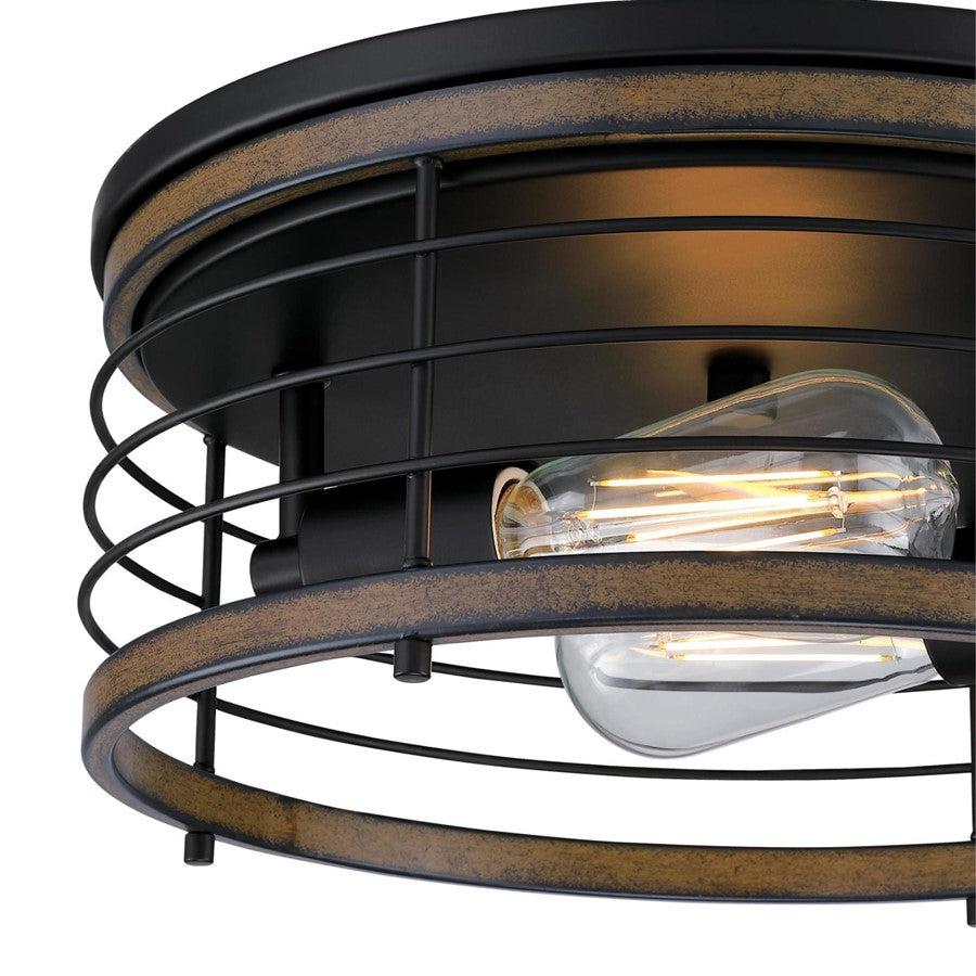 Westinghouse Ackton 13in 2-Light Flush Mount | Vintage Matte Black and Barnwood Cage Shade | Hallway & Bedroom | 13 x 13 x 5.75 in | Model 6125000