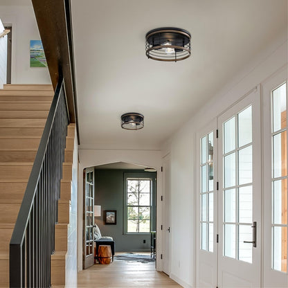 Westinghouse Ackton 13in 2-Light Flush Mount | Vintage Matte Black and Barnwood Cage Shade | Hallway & Bedroom | 13 x 13 x 5.75 in | Model 6125000