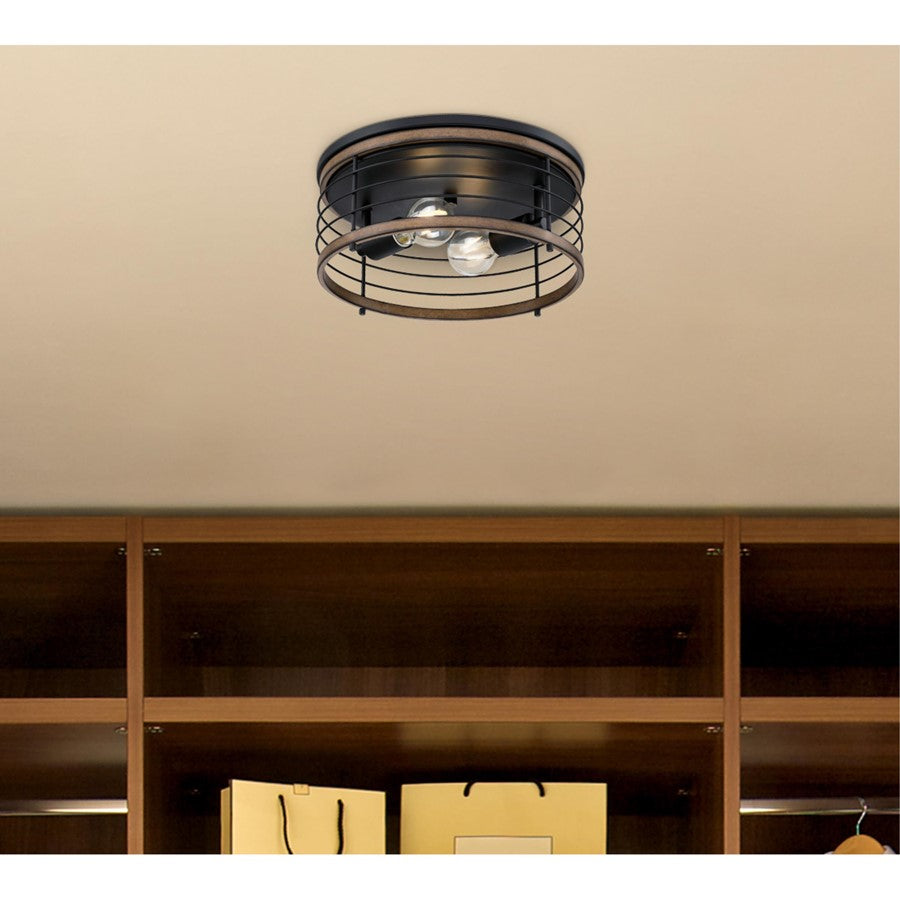 Westinghouse Ackton 13in 2-Light Flush Mount | Vintage Matte Black and Barnwood Cage Shade | Hallway & Bedroom | 13 x 13 x 5.75 in | Model 6125000