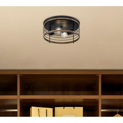 Westinghouse Ackton 13in 2-Light Flush Mount | Vintage Matte Black and Barnwood Cage Shade | Hallway & Bedroom | 13 x 13 x 5.75 in | Model 6125000