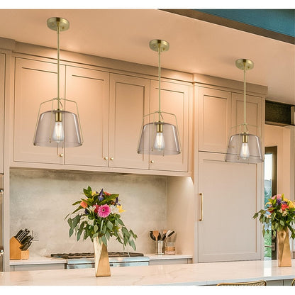 Westinghouse Hallein 10in 1-Light Pendant | Transitional Champagne Brass and Smoke Grey Glass | Kitchen Island & Dining Room | Model 6125100