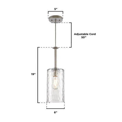 Westinghouse Hernando 6in 1-Light Mini Pendant | Industrial Steel and Clear Hammered Glass | Kitchen Island & Entryway | 6 x 6 x 19 in | Model 6125200