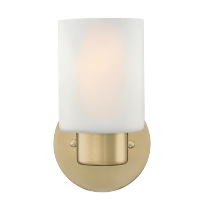 Westinghouse Sylvestre 8in 1-Light Wall Sconce | Transitional Champagne Brass and Frosted Glass | Hallway & Bathroom | 8 x 4 x 6 in | Model 6126400