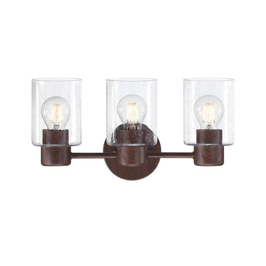 Westinghouse Sylvestre 15in 3-Light Vanity Light | Transitional Walnut and Clear Seeded Glass | Bathroom & Powder Room | 15 x 6 x 8 in | Model 6126500
