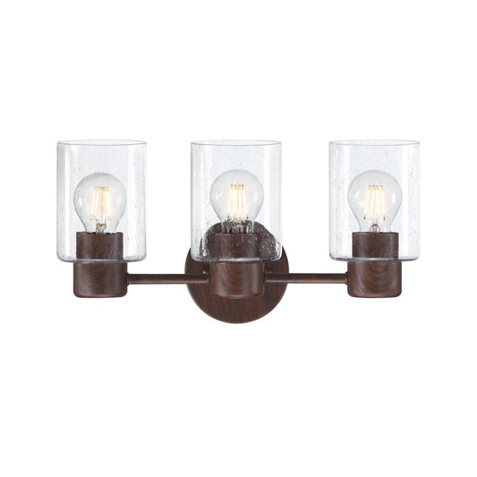 Westinghouse Sylvestre 15in 3-Light Vanity Light | Transitional Walnut and Clear Seeded Glass | Bathroom & Powder Room | 15 x 6 x 8 in | Model 6126500